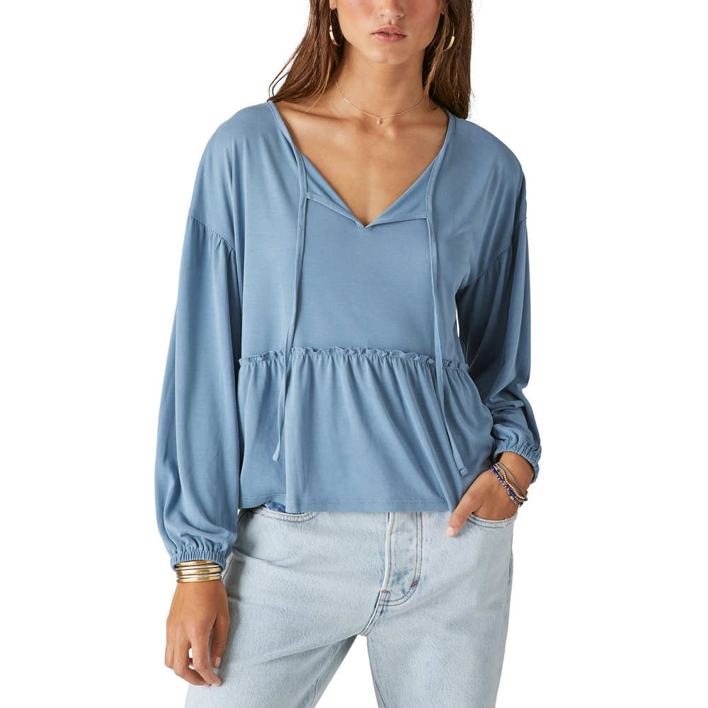 Lucky Brand Long Sleeve Notch Neck Sandwash Top - Spring Lake - Picture 1 of 3